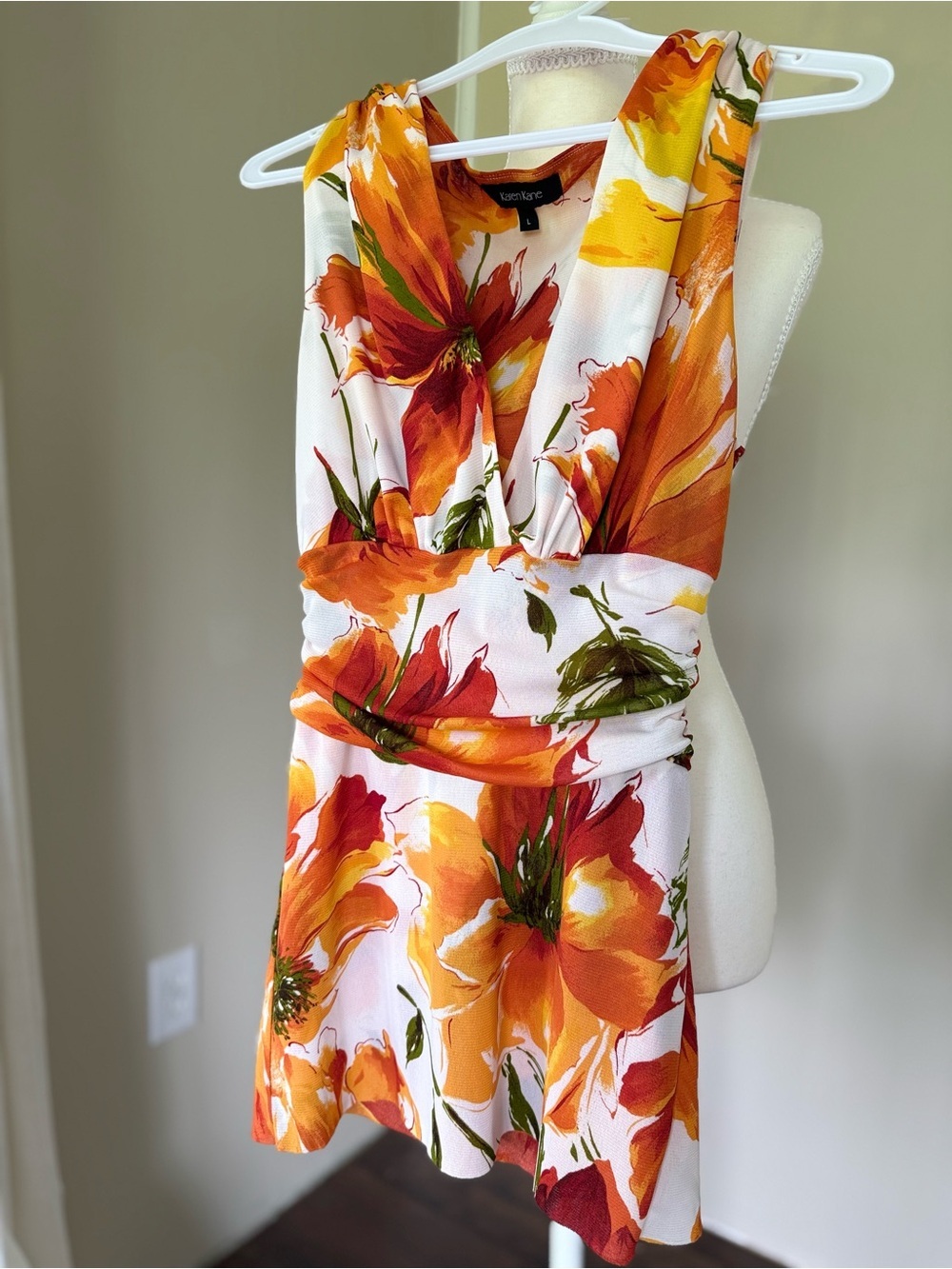 Karen Kane Floral Orange Sleeveless Blouse Tank Top Draped Waist Fairycore Work - Picture 3 of 6